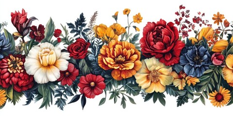 Vibrant floral border design featuring red, yellow, and blue flowers with lush green leaves on a white background in a lush arrangement