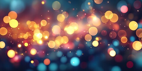 Vibrant soft bokeh backdrop with glowing yellow orange blue circles on a dark background ample space for text dreamy festive atmosphere