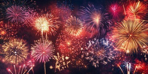 Fototapeta premium Vibrant New Year fireworks bursting in fireworks show with reds pinks blues and yellows illuminating dark sky with plenty of copy space