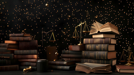 Law books, scales of justice, open book, dark background, sparkling lights; legal concept image