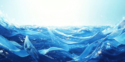 Vibrant blue ocean waves with translucent ribbons creating a dynamic texture against a bright horizon providing ample space for text insertion