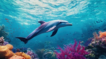 Graceful dolphin glides through vibrant teeming coral reef a kaleidoscope of color and life