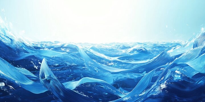 Vibrant blue ocean waves with translucent ribbons creating a dynamic texture against a bright horizon providing ample space for text insertion