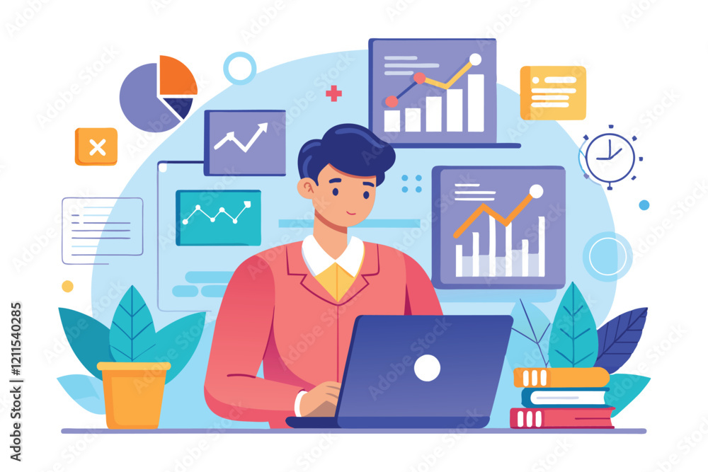 Poster a focused analyst examines data trends using charts and graphs on a laptop in an office setting impr
