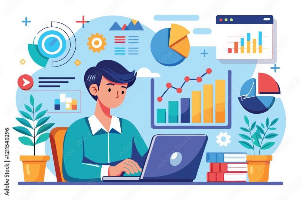 Poster a professional data analyst examines trends using charts and graphs while working on a laptop improv
