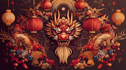 Naklejka premium Dynamic Chinese New Year poster with fierce dragon, lanterns, and firecrackers
