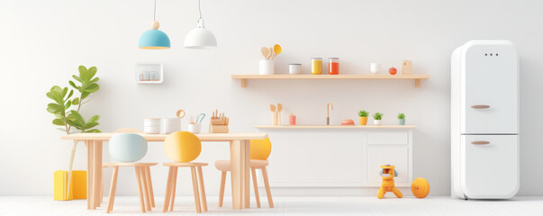 Bright Scandinavian kitchen diner with open layout, wooden accents, and colorful decor. space features dining table, chairs, and modern refrigerator, creating cheerful atmosphere