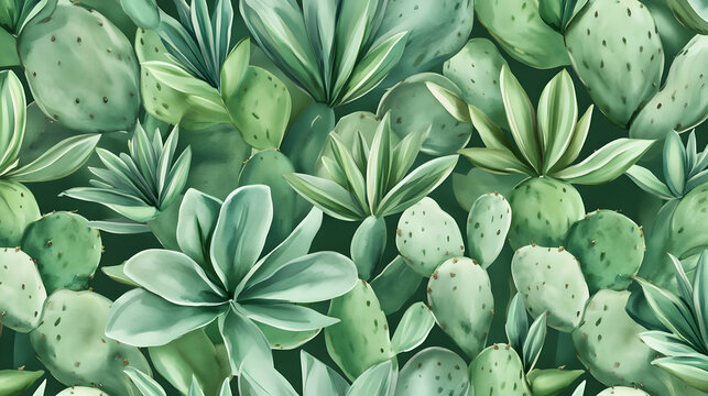 Lush green cactus and agave desert plants seamless pattern background for textile print