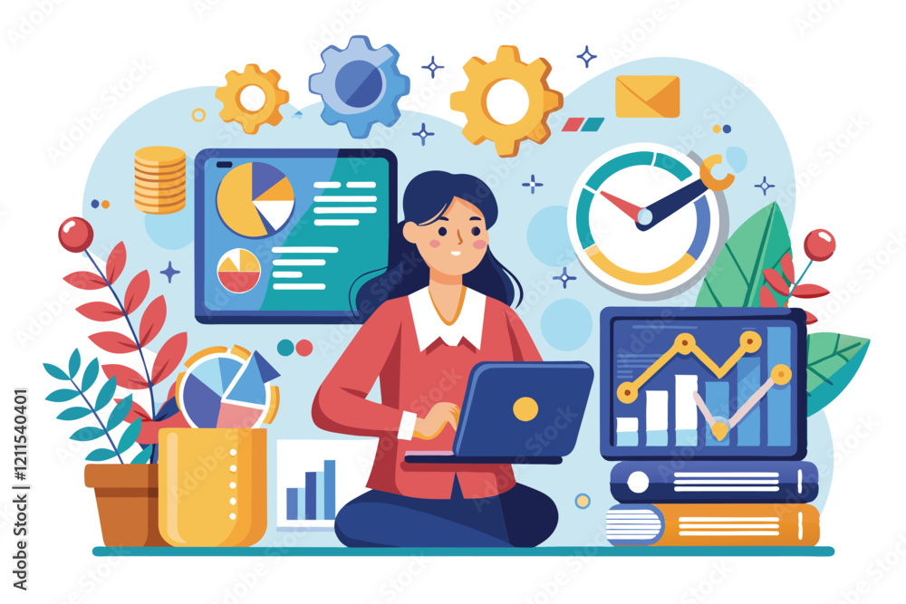 Aufkleber a data analyst analyzes charts and graphs while sitting on a cozy floor in a vibrant workspace impro