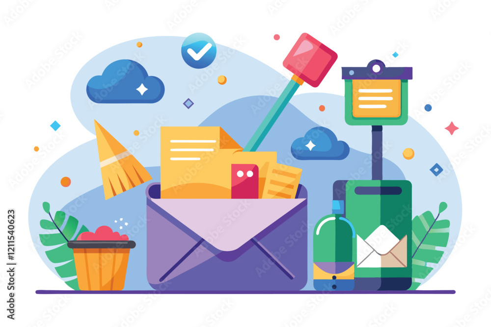 Poster colorful illustration of tools and stationery for cluttered inbox cleanup, highlighting organization