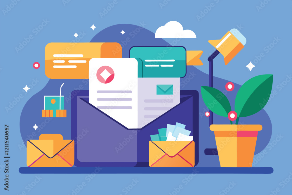 Poster a digital workspace featuring an organized inbox with colorful emails and a green plant inbox cleanu