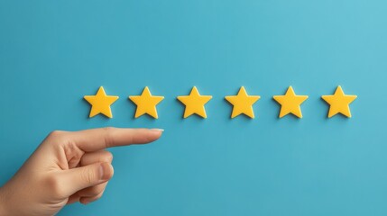 A hand points at a row of six yellow star ratings on a blue background, symbolizing customer satisfaction and quality feedback.
