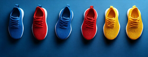 Colorful sneakers on blue, website banner