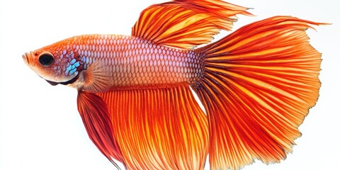 Fototapeta premium Vibrant Siamese fighting fish with flowing orange fins and intricate patterns, swimming gracefully against a clean white backdrop.