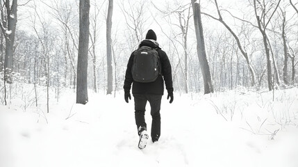 Man hiking snowy woodland trail, winter adventure, serene background, ideal for travel blog