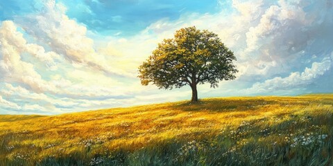 Fototapeta premium Solitary green tree in golden meadow under vibrant blue sky with fluffy clouds, bathed in warm sunlight, creating a serene landscape scene.