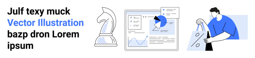 Knight chess piece, data analysis screen with statistics, person carrying shopping bags. Ideal for business strategy, data science, e-commerce, research, education, retail analysis technology