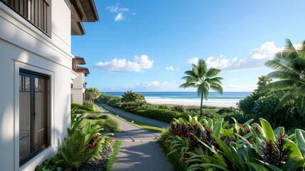 Scenic view from a tropical villa featuring lush greenery, palm trees, and a beautiful ocean backdrop under a clear blue sky.