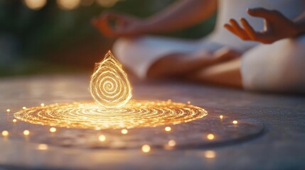 Abstract golden fractal energy spiraling around a meditating silhouette, symbolizing spiritual healing and alignment