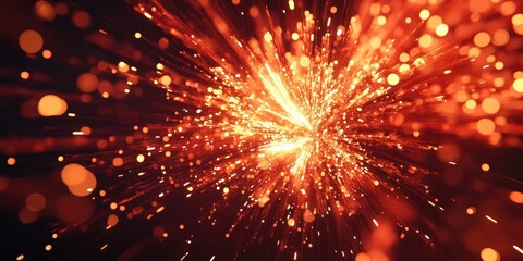 Obraz premium Vibrant orange and red fireworks explosion with dynamic spark trails on a dark background creating an abstract holiday theme copy space
