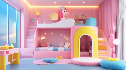 spacious pink themed children room featuring playful bunk bed, colorful decor, and cozy seating areas. design creates cheerful and inviting atmosphere for kids