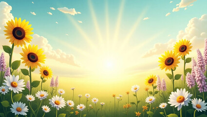 colorful flowers and glowing sunlight background