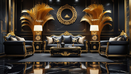 Classic black and gold interior with black leather sofa,chandelier,mouldings.3d rendering