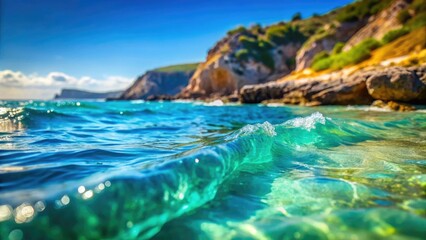 Fototapeta premium Tiny turquoise waves playfully crash on miniature rocky shores.