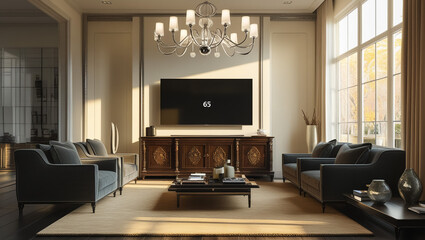 Modern contemporary living room with tv and frame mock up. Design 3d rendering of gray and wood panels. Design print for illustration,