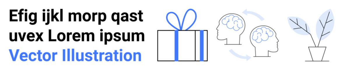 Gift box with ribbon, two heads showing thinking process, and a growing plant. Ideal for brainstorming, innovation, creativity, growth, idea development cognitive processes and teamwork. Landing