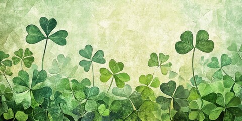 Fototapeta premium Mosaic shamrock leaves in varying shades of green scattered across a textured vintage paper background with soft yellow hints at the top.