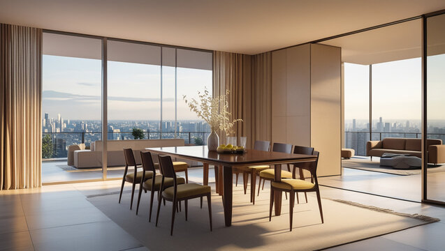 modern contemporary loft with couch and dining table and indoor plants vertical garden; panoramic view rural landscape; sustainability work