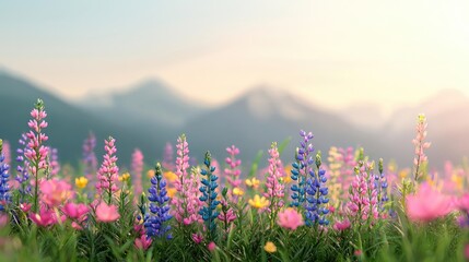 Obraz premium Pastel spring concept. A vibrant field of blooming flowers with mountains softly blurred in the background.