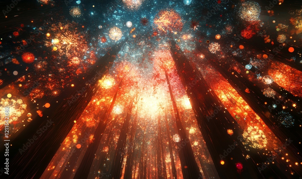 Poster new year digital design image with fireworks, generative ai