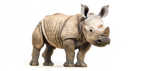 Obraz premium Young Square-lipped rhinoceros standing confidently with large ears and fine skin wrinkles against a clean white background.