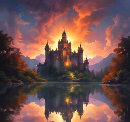 Obraz premium Illustration of glowing mystery tower castle in night.