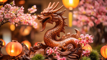 Dynamic Chinese New Year poster with fierce dragon, lanterns, and firecrackers