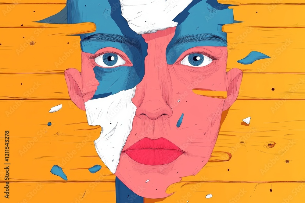 Poster artistic representation of a face breaking through a colorful surface with vivid colors and emotiona