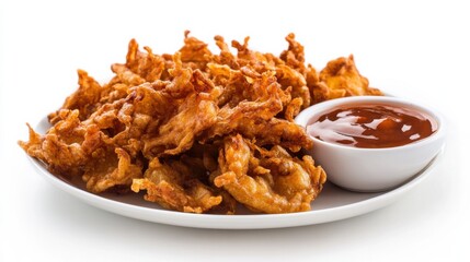 A plate of crispy onion bhajis served with tangy tamarind chutney, Each bhaji perfectly fried to golden-brown perfection