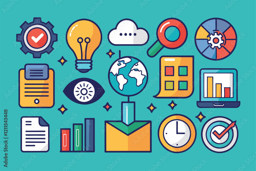 Poster an infographic set showcasing icons related to data, innovation, and global insights for better unde