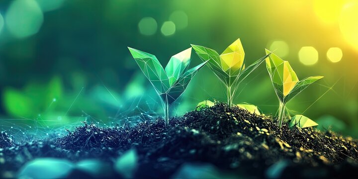 Low polygon design of young plant sprouts in vibrant green and yellow against a soft focus background with dark soil representing agricultural technology