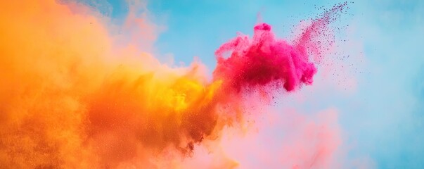 Fototapeta premium Rainbow holi idea. Colorful powder explosions create vibrant patterns against a blue sky background.