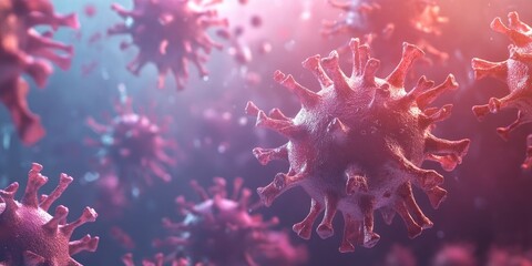 Close-up view of pink and purple coronavirus particles floating in a bluish background with soft lighting, emphasizing the importance of preventive health measures