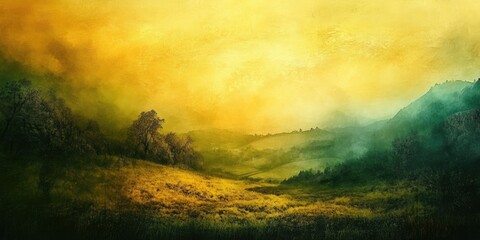 Naklejka premium Serene landscape with soft yellow and green gradients, lush rolling hills, silhouettes of trees on the left, and a hazy sky in the background.