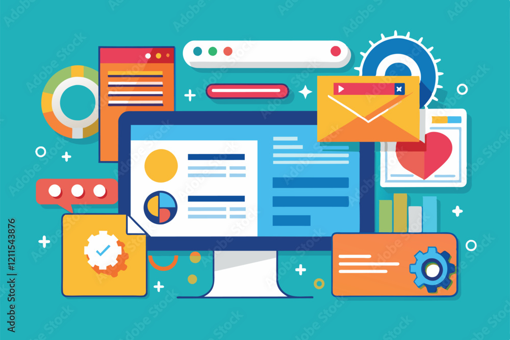Poster a vibrant digital interface showcases various customizable application elements and icons on a monit