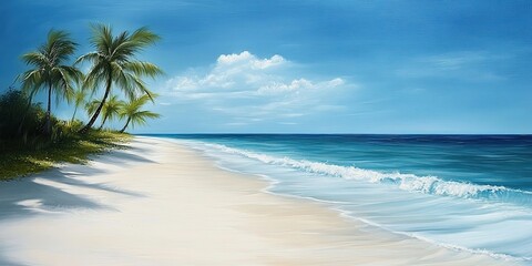 Serene tropical beach scene featuring gentle waves, white sandy shore, lush palm trees to the left, and a vibrant blue sky with soft clouds.