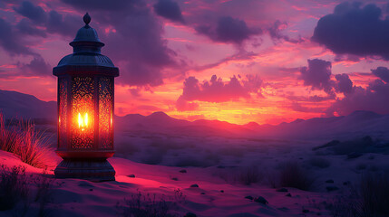 Islamic Ramadan Lantern on Purple Desert in Cartoon Style with Smooth Shiny Lighting