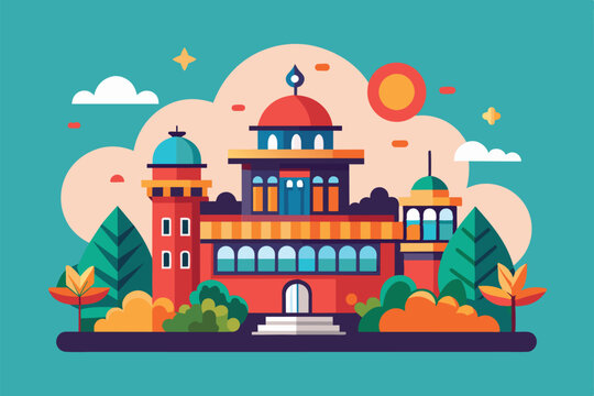 A vibrant building features whimsical design elements with colorful trees and a sunny backdrop Inhaller Customizable Flat Illustration