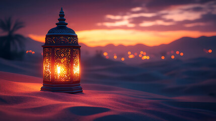 Islamic Ramadan Lantern on Purple Desert in Cartoon Style with Smooth Shiny Lighting