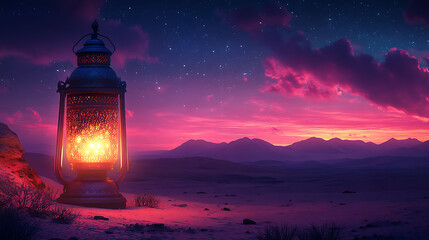 Islamic Ramadan Lantern on Purple Desert in Cartoon Style with Smooth Shiny Lighting